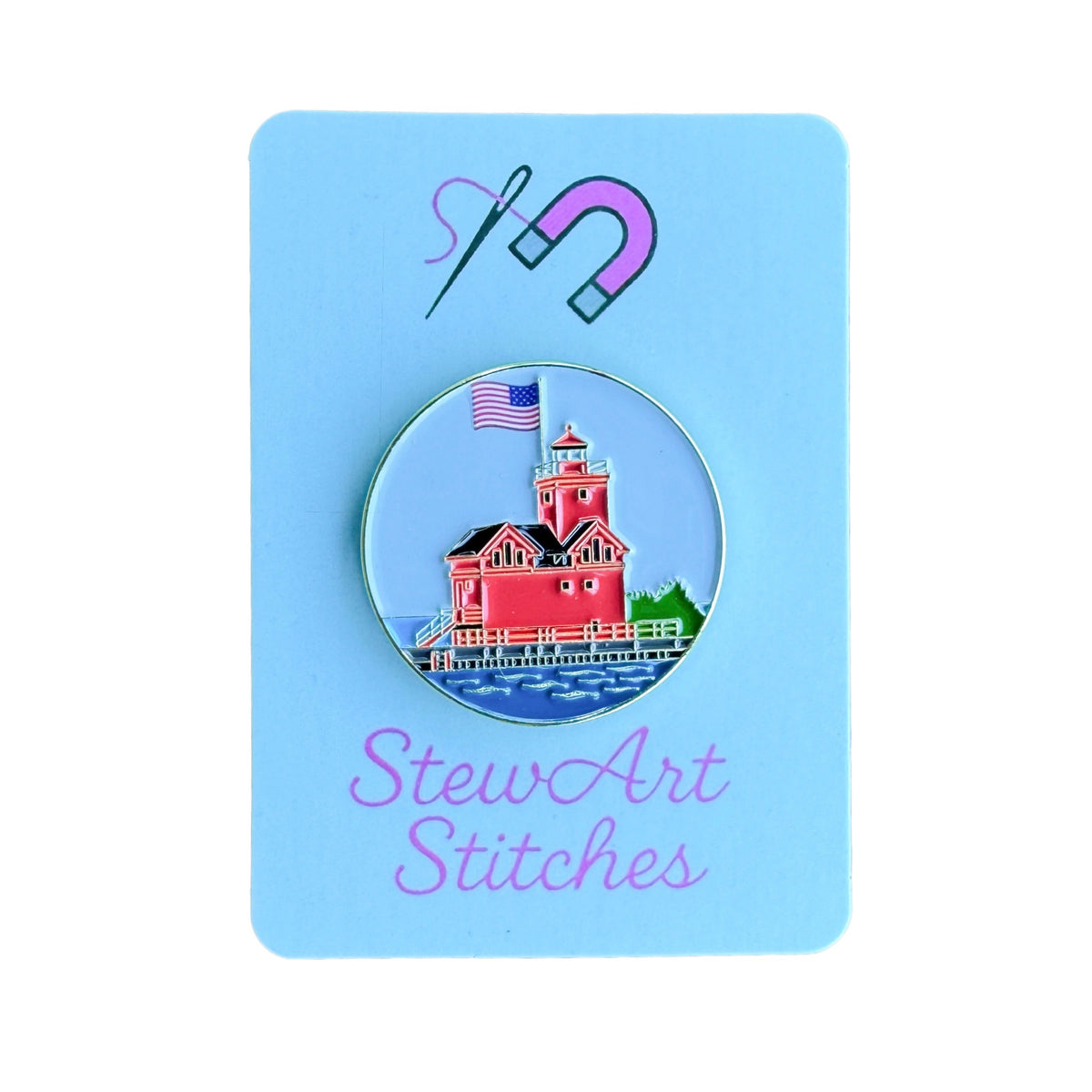 Big Red Lighthouse enamel needle minder featuring Holland, Michigan's iconic red lighthouse, magnetic needle holder for cross stitch, needlepoint, embroidery, quilting, sewing and other stitching projects.