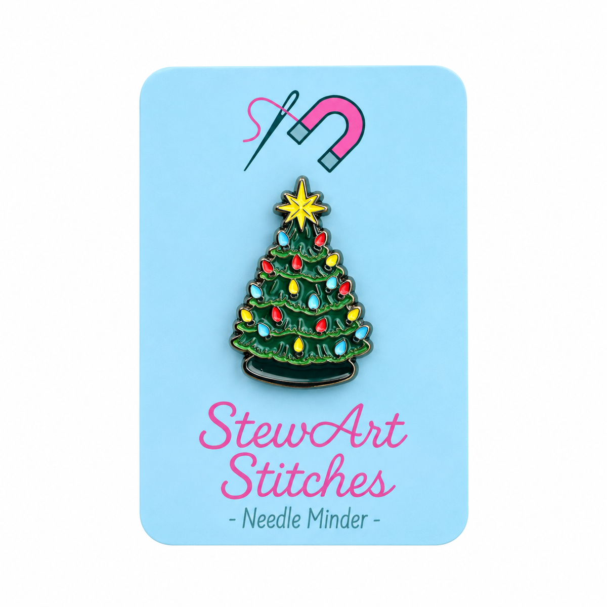 Christmas Tree Enamel Needle Minder . Magnetic needle holder for cross stitch, needlepoint, embroidery, quilting, sewing and other stitching projects.