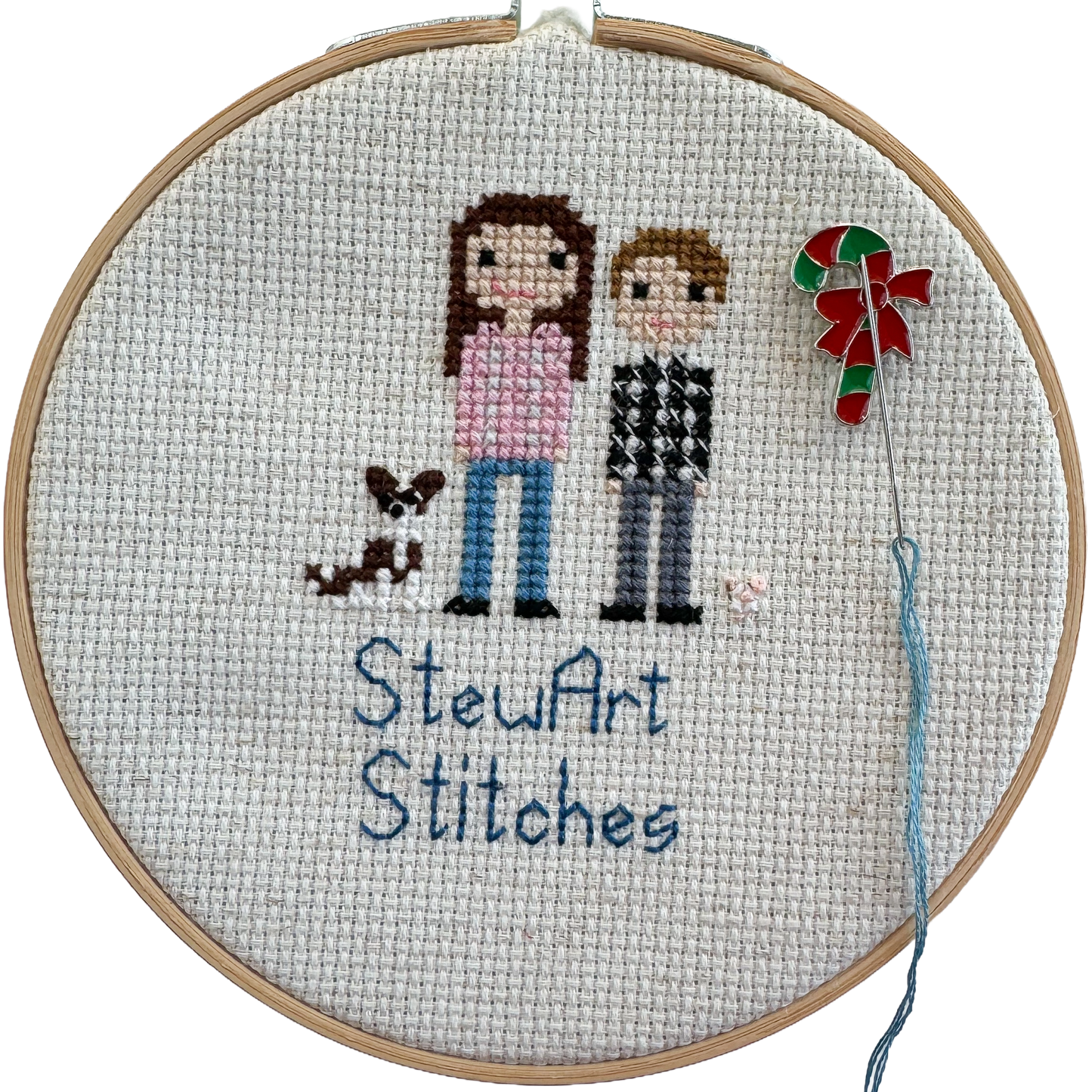 Green and red candy cane magnetic needle minder – festive enamel accessory for cross stitch, embroidery, and needlepoint – holiday stitching gift with classic Christmas candy design.