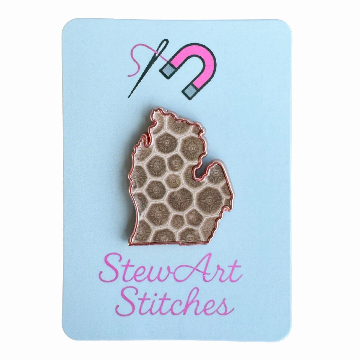 Michigan shaped Petoskey stone enamel needle minder with copper color trim, magnetic accessory for cross stitch, needlepoint, embroidery, quilting and sewing.