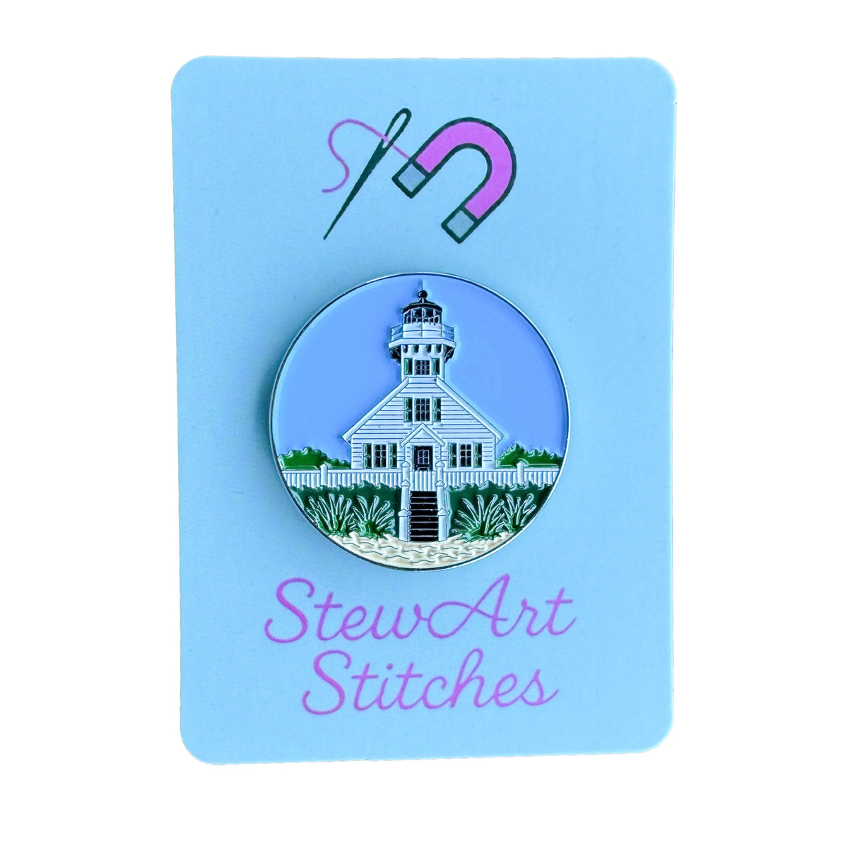 Mission Point Lighthouse magnetic enamel needle minder inspired by the iconic Traverse City, Michigan landmark, perfect for cross stitch, needlepoint, embroidery, quilting and sewing.