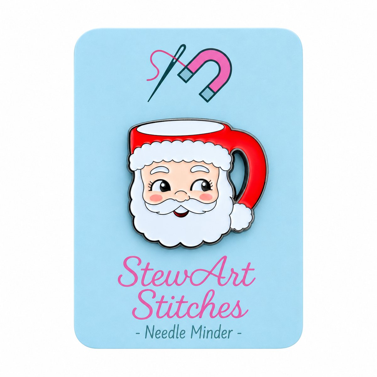 Christmas Santa Mug Needle Minder magnetic needle holder for cross stitch, needlepoint, embroidery, quilting, sewing and other stitching projects.