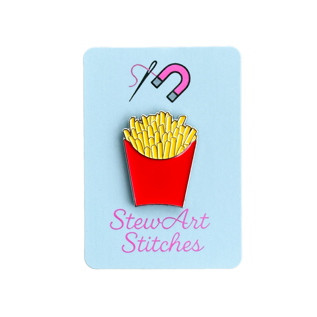 Red carton of French fries enamel needle minder with magnetic back for cross stitch, needlepoint, embroidery, quilting and sewing.