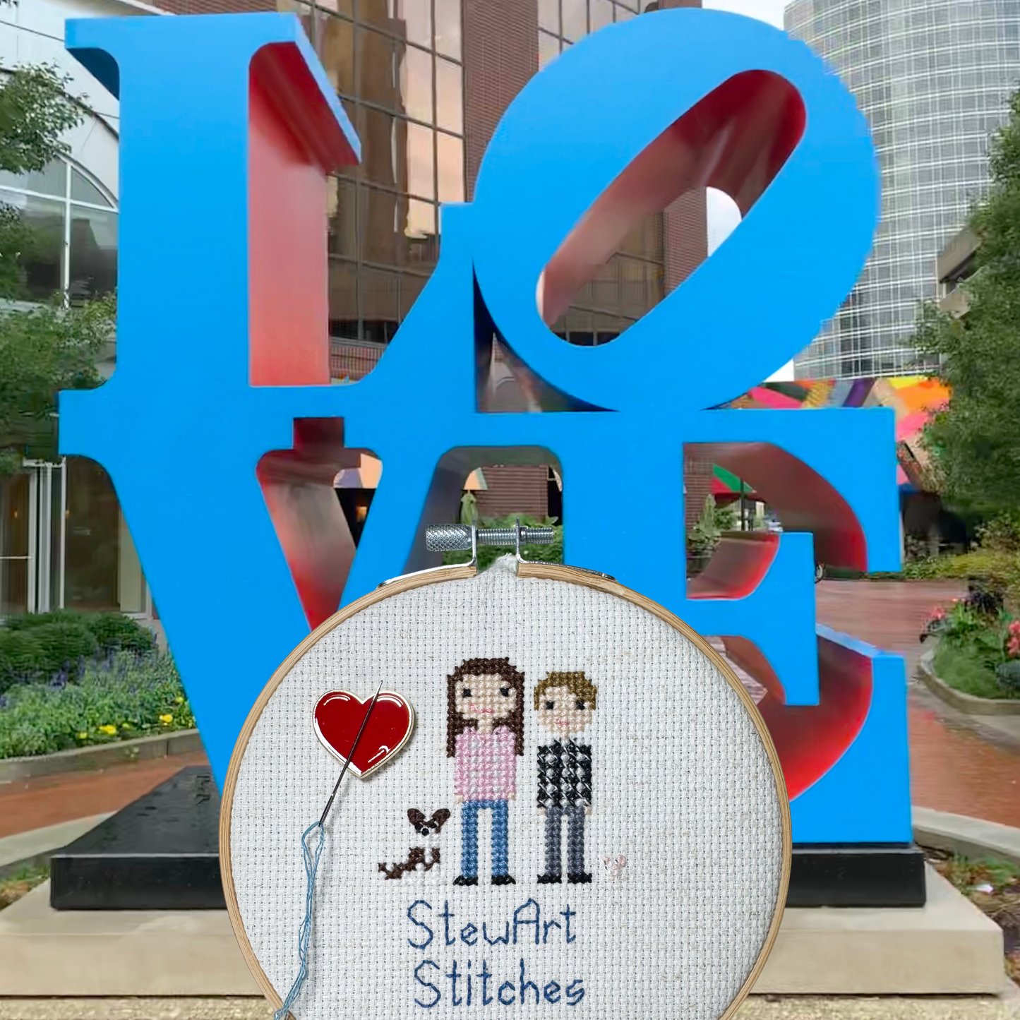 Red heart shaped magnetic enamel needle minder for cross stitch, embroidery, needlepoint and sewing projects.