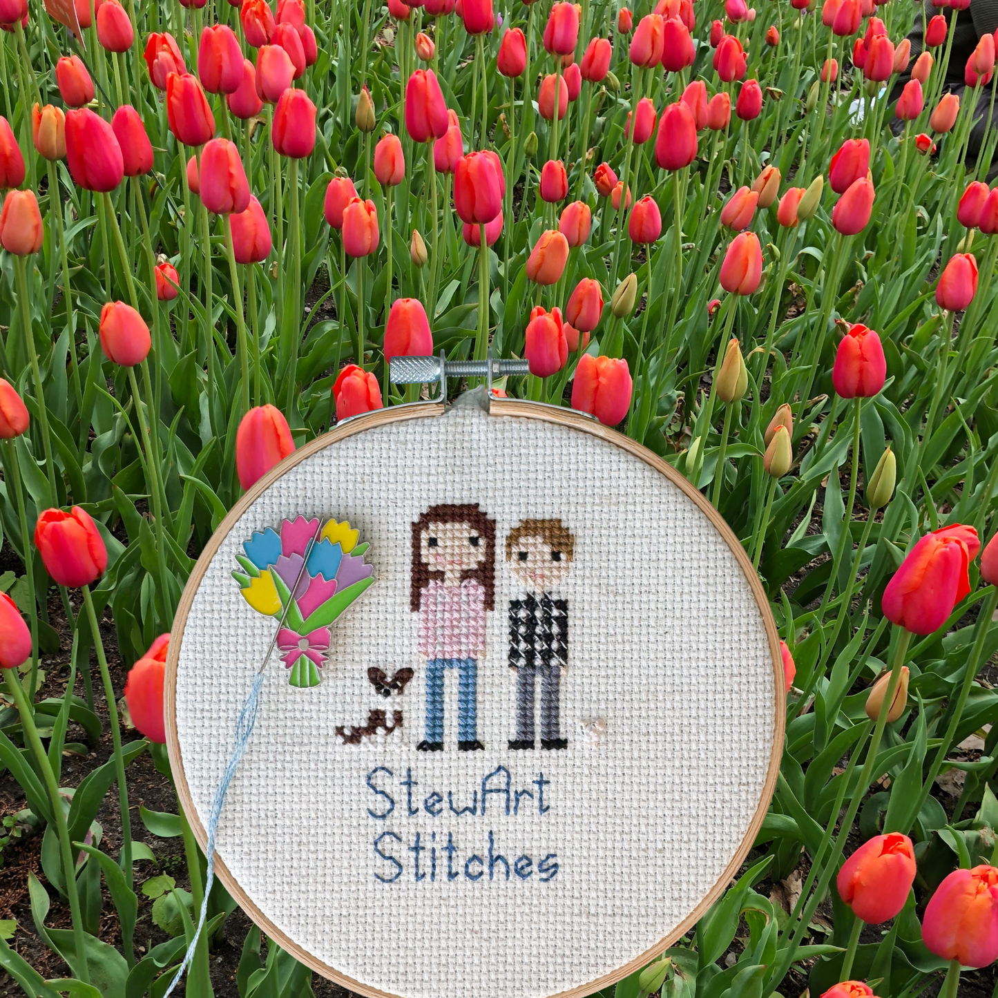 Tulip bouquet enamel magnetic needle minder for cross stitch, embroidery, needlepoint, quilting, knitting, crochet and hand sewing – floral needle holder for stitchers and crafters.