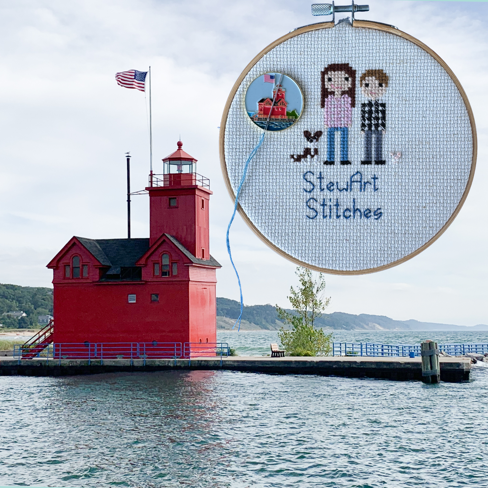 Big Red Lighthouse enamel needle minder featuring Holland, Michigan's iconic red lighthouse, magnetic needle holder for cross stitch, needlepoint, embroidery, quilting, sewing and other stitching projects.