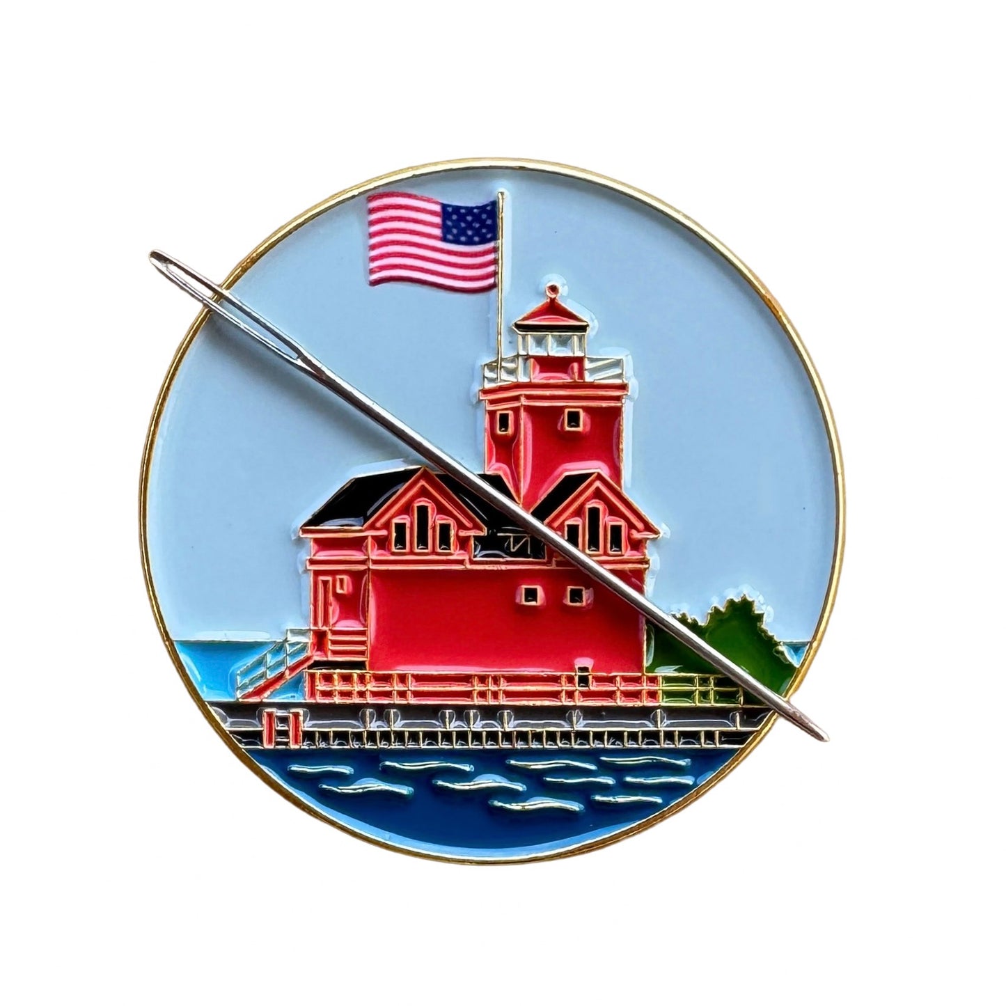 Big Red Lighthouse enamel needle minder featuring Holland, Michigan's iconic red lighthouse, magnetic needle holder for cross stitch, needlepoint, embroidery, quilting, sewing and other stitching projects.