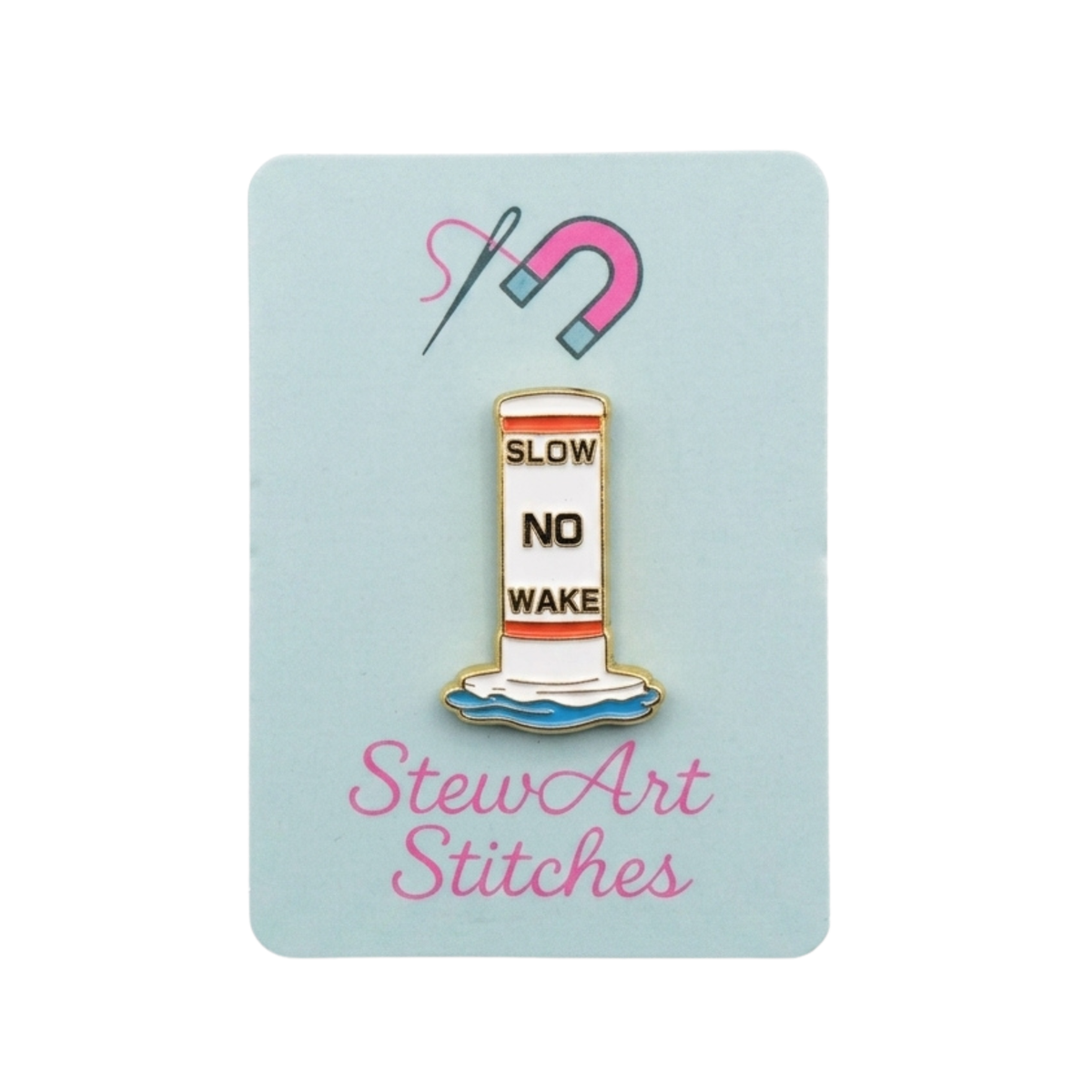 Slow No Wake Buoy magnetic enamel needle minder displayed on product packaging card for StewArt Stitches.