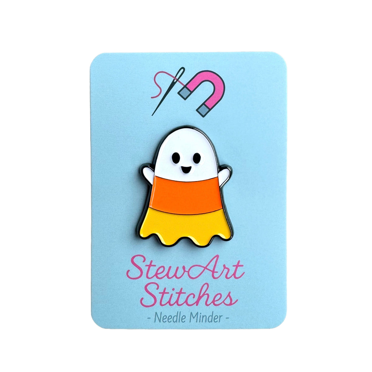 Candy corn ghost magnetic needle minder by StewArt Stitches, enamel Halloween needlework accessory for cross stitch, needlepoint and embroidery.