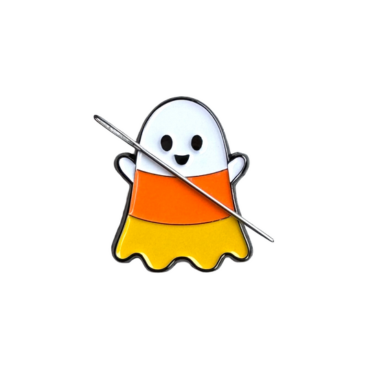 Candy corn ghost magnetic needle minder by StewArt Stitches, enamel Halloween needlework accessory for cross stitch, needlepoint and embroidery.