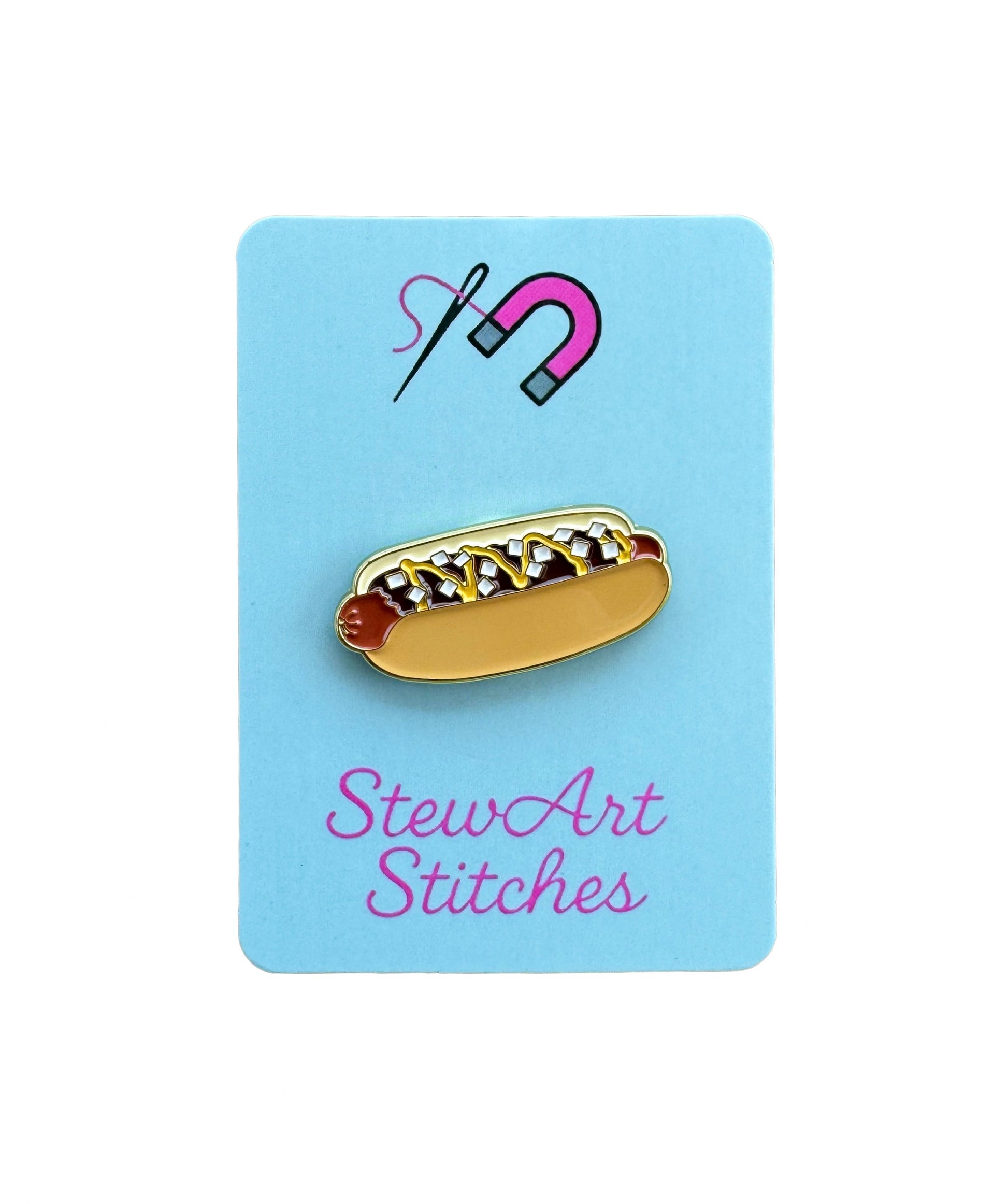 Coney Island hot dog magnetic enamel needle minder inspired by the iconic American hot dog, perfect for cross stitch, needlepoint, embroidery, quilting and sewing.