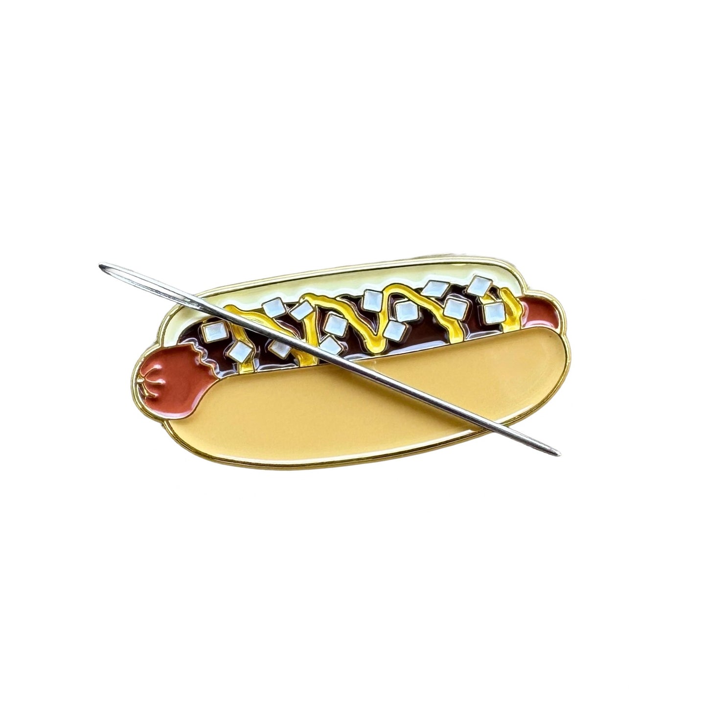 Coney Island hot dog magnetic enamel needle minder inspired by the iconic American hot dog, perfect for cross stitch, needlepoint, embroidery, quilting and sewing.