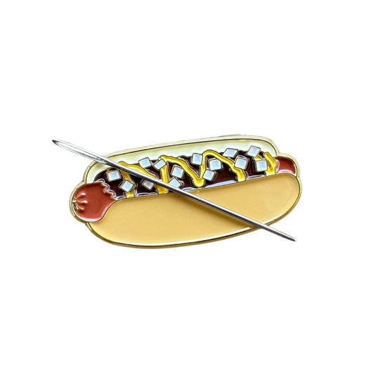 Coney Island hot dog magnetic enamel needle minder inspired by the iconic American hot dog, perfect for cross stitch, needlepoint, embroidery, quilting and sewing.