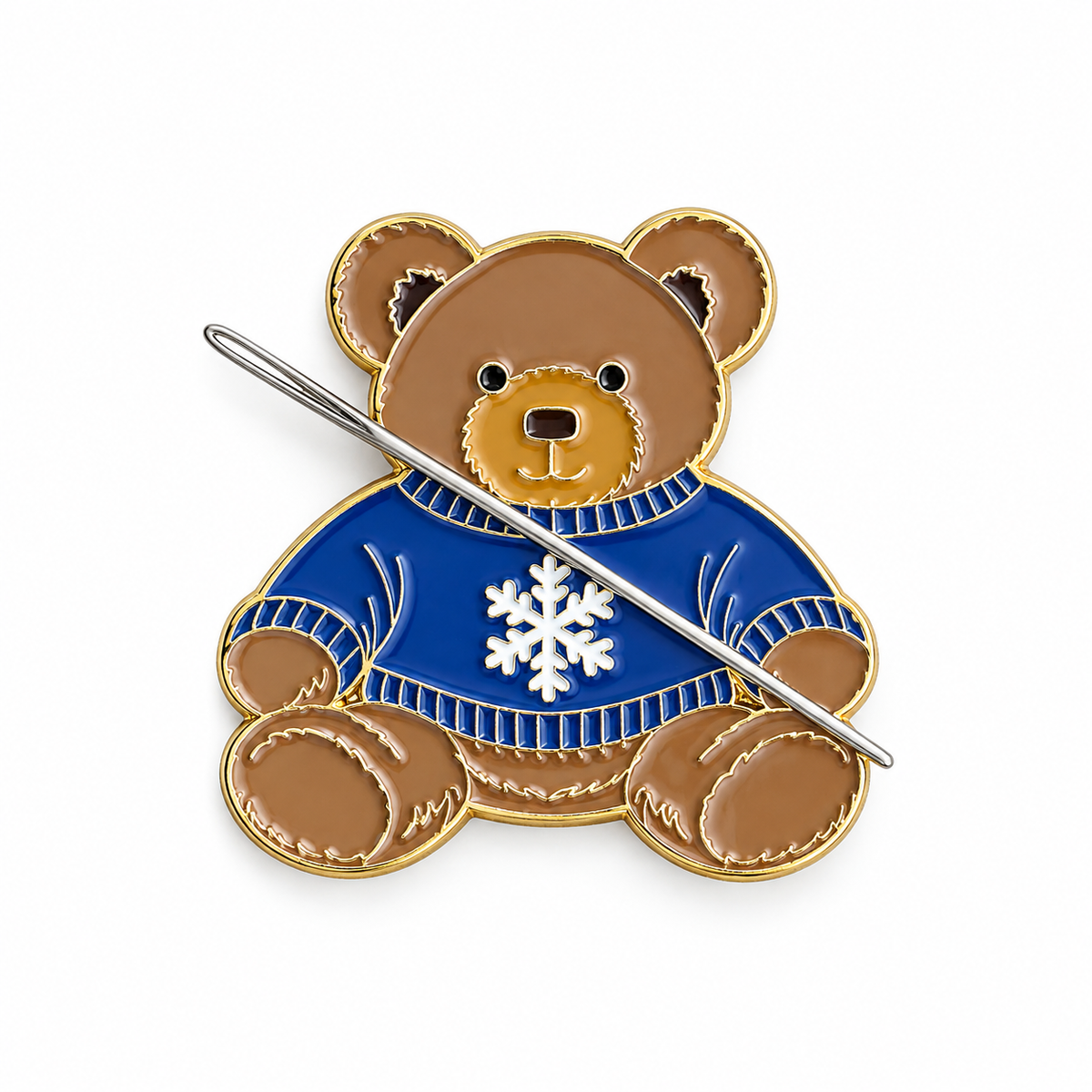 Teddy bear enamel needle minder wearing a blue sweater with a snowflake, magnetic needle holder for cross stitch, needlepoint, embroidery, quilting, sewing and other stitching projects.