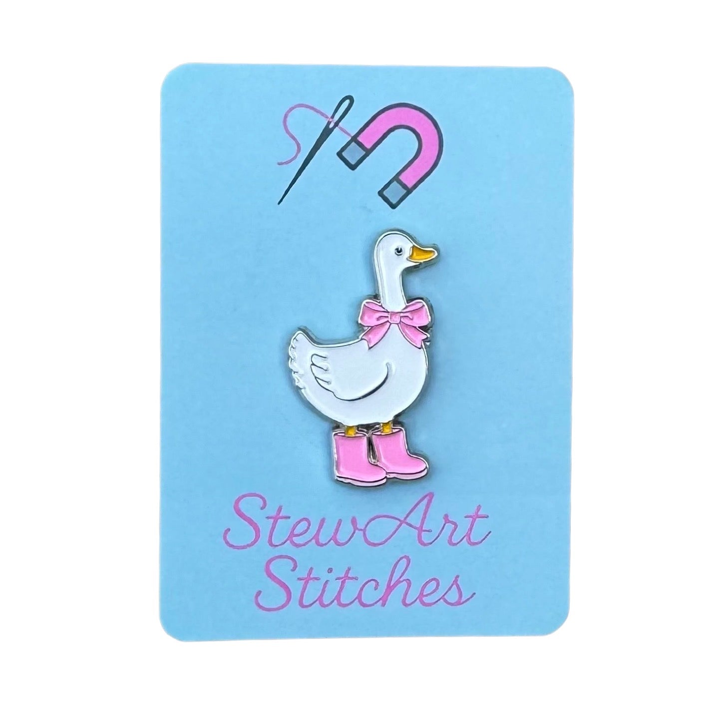 Duck with Pink Boots magnetic enamel needle minder displayed on product packaging card for StewArt Stitches.