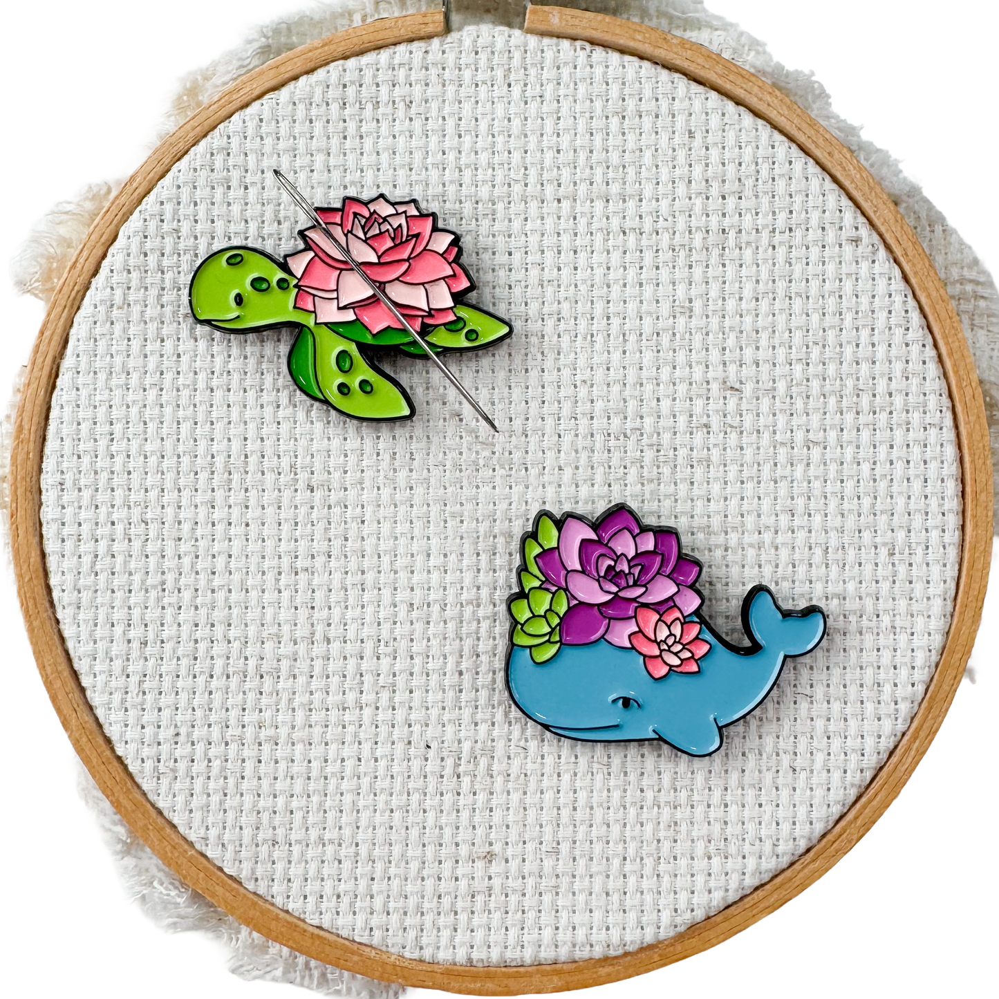 Floral Turtle and Whale Enamel Needle Minders - set of 2