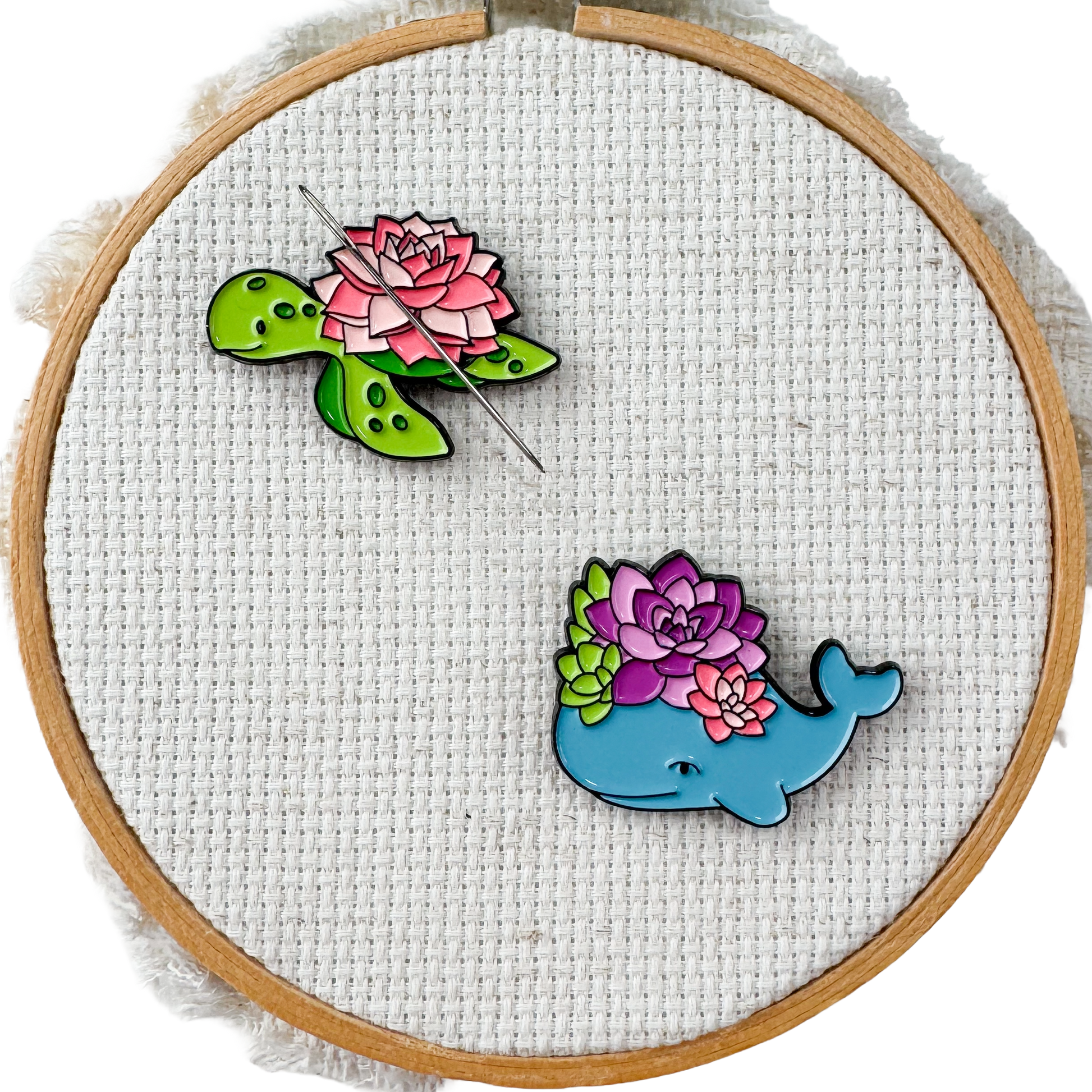 Floral Turtle and Whale Enamel Needle Minders - set of 2