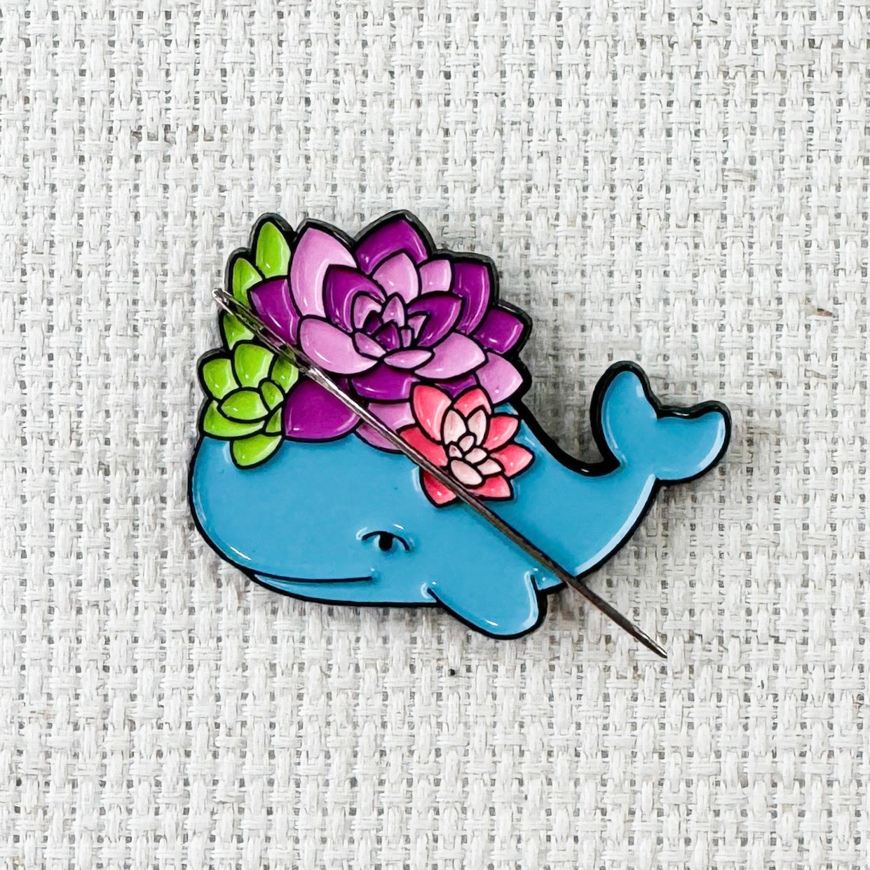 Floral whale magnetic needle minder – cute enamel accessory with turtle and flowers for cross stitch, embroidery, and needlepoint – ocean and nature themed stitching gift.