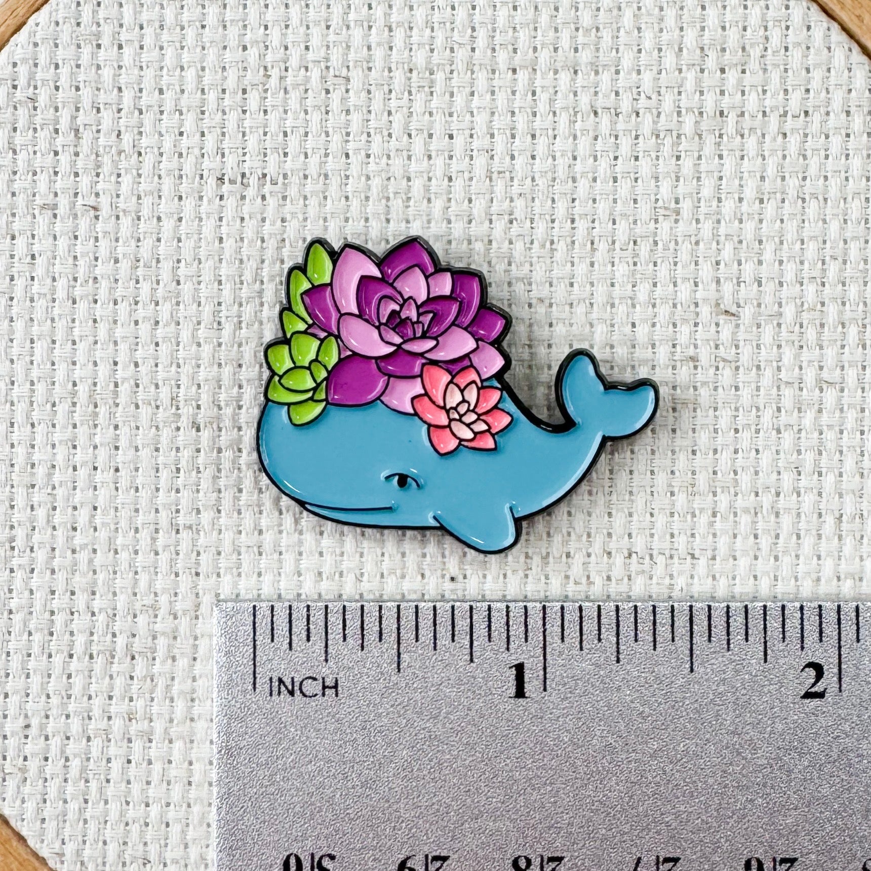 Floral whale magnetic needle minder – cute enamel accessory with turtle and flowers for cross stitch, embroidery, and needlepoint – ocean and nature themed stitching gift.