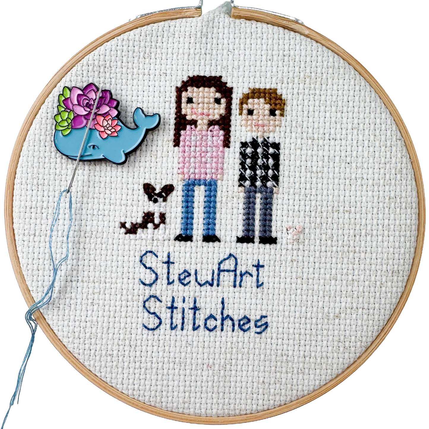 Floral whale magnetic needle minder – cute enamel accessory with turtle and flowers for cross stitch, embroidery, and needlepoint – ocean and nature themed stitching gift.