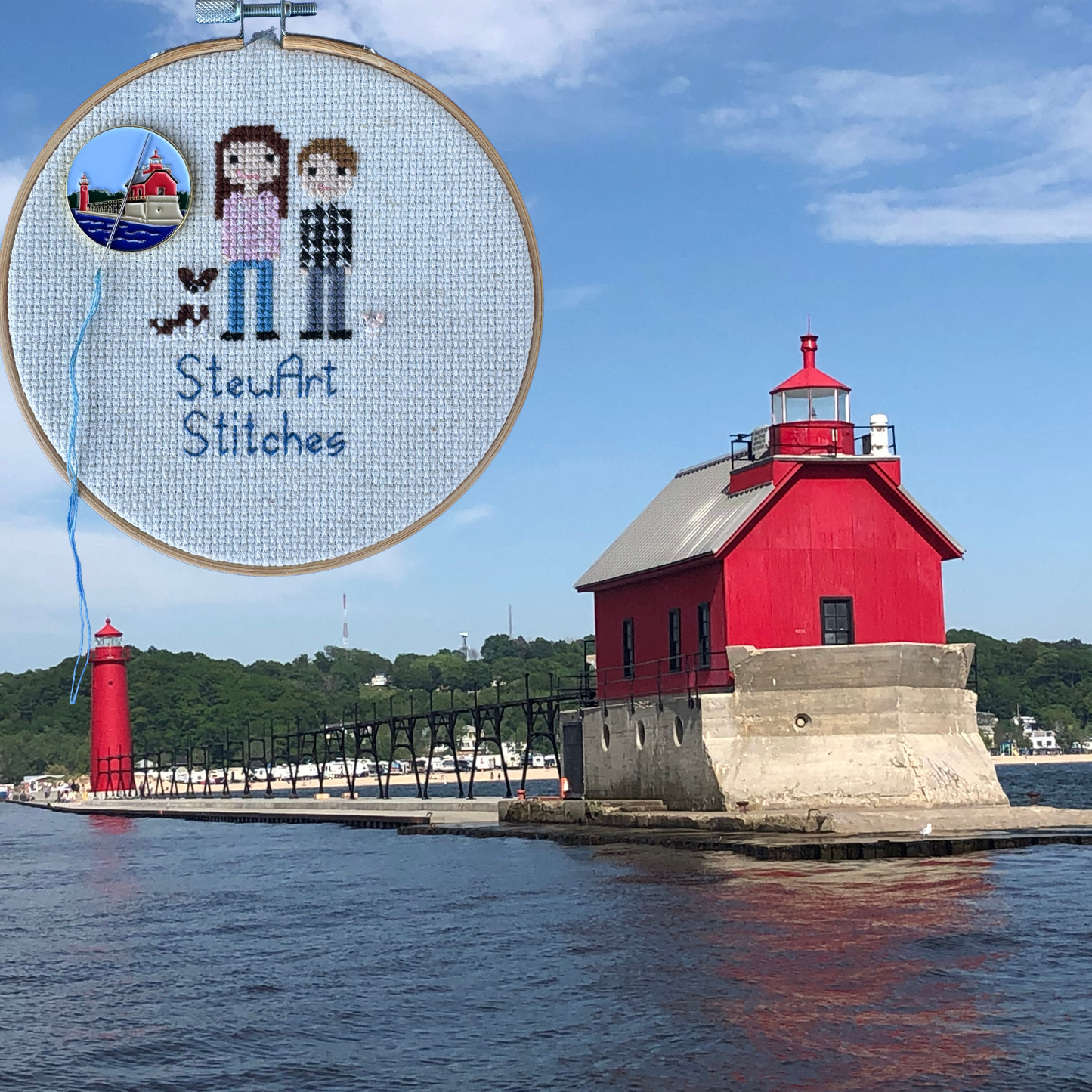 Grand Haven Lighthouse enamel needle minder inspired by the iconic red lighthouses on Lake Michigan, magnetic accessory for cross stitch, needlepoint, embroidery, quilting and sewing.