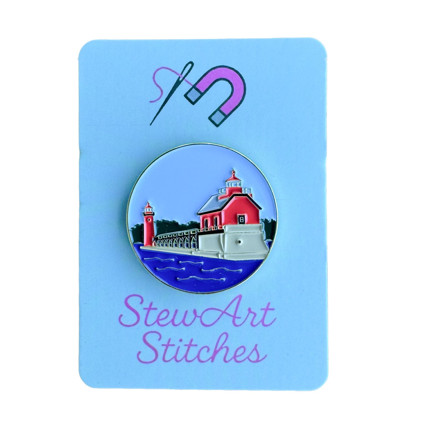 Grand Haven Lighthouse enamel needle minder inspired by the iconic red lighthouses on Lake Michigan, magnetic accessory for cross stitch, needlepoint, embroidery, quilting and sewing.