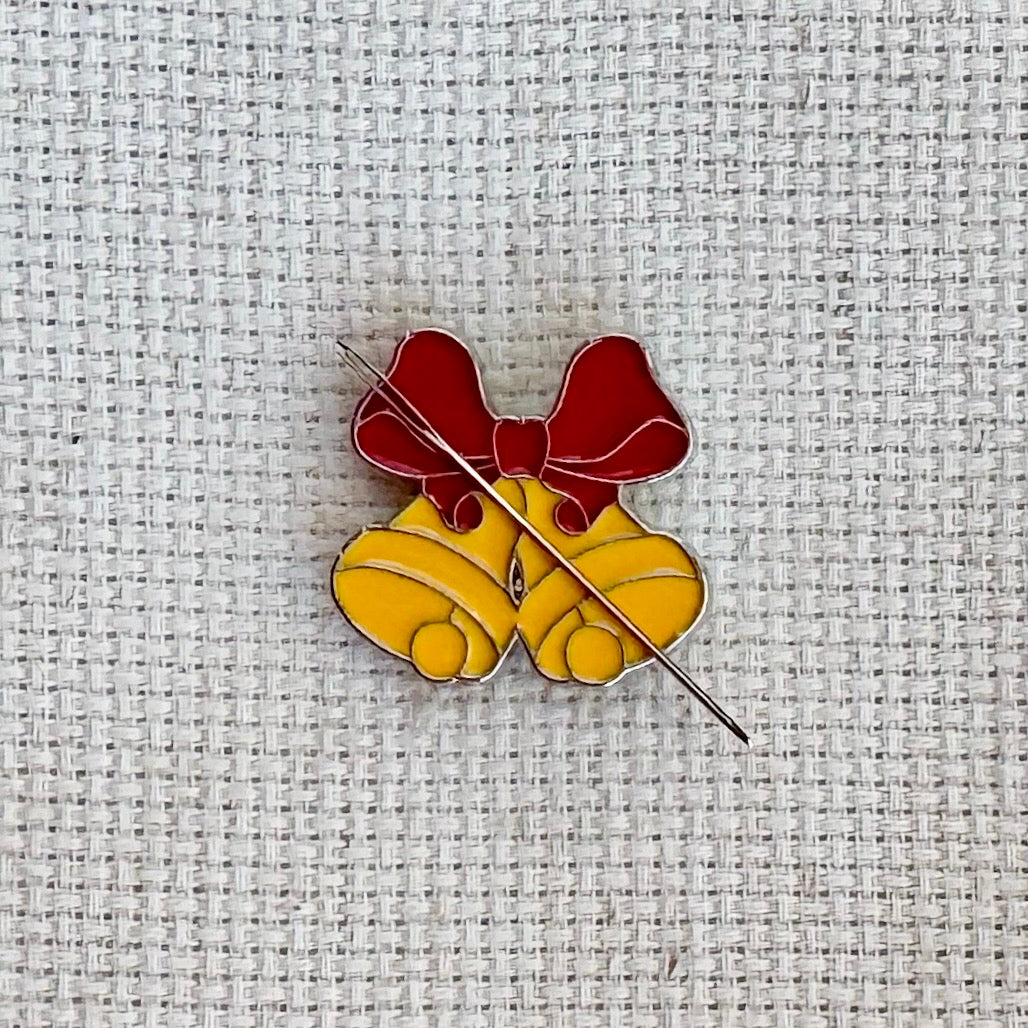 Christmas bells magnetic needle minder – festive enamel accessory for cross stitch, embroidery, and needlepoint – holiday stitching gift with classic jingle bell design.