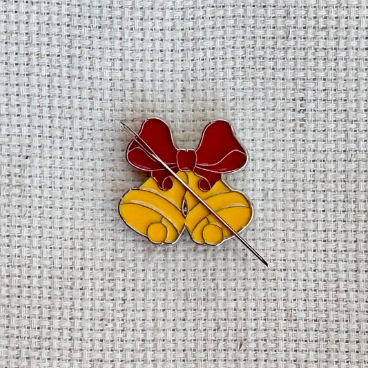Christmas bells magnetic needle minder – festive enamel accessory for cross stitch, embroidery, and needlepoint – holiday stitching gift with classic jingle bell design.