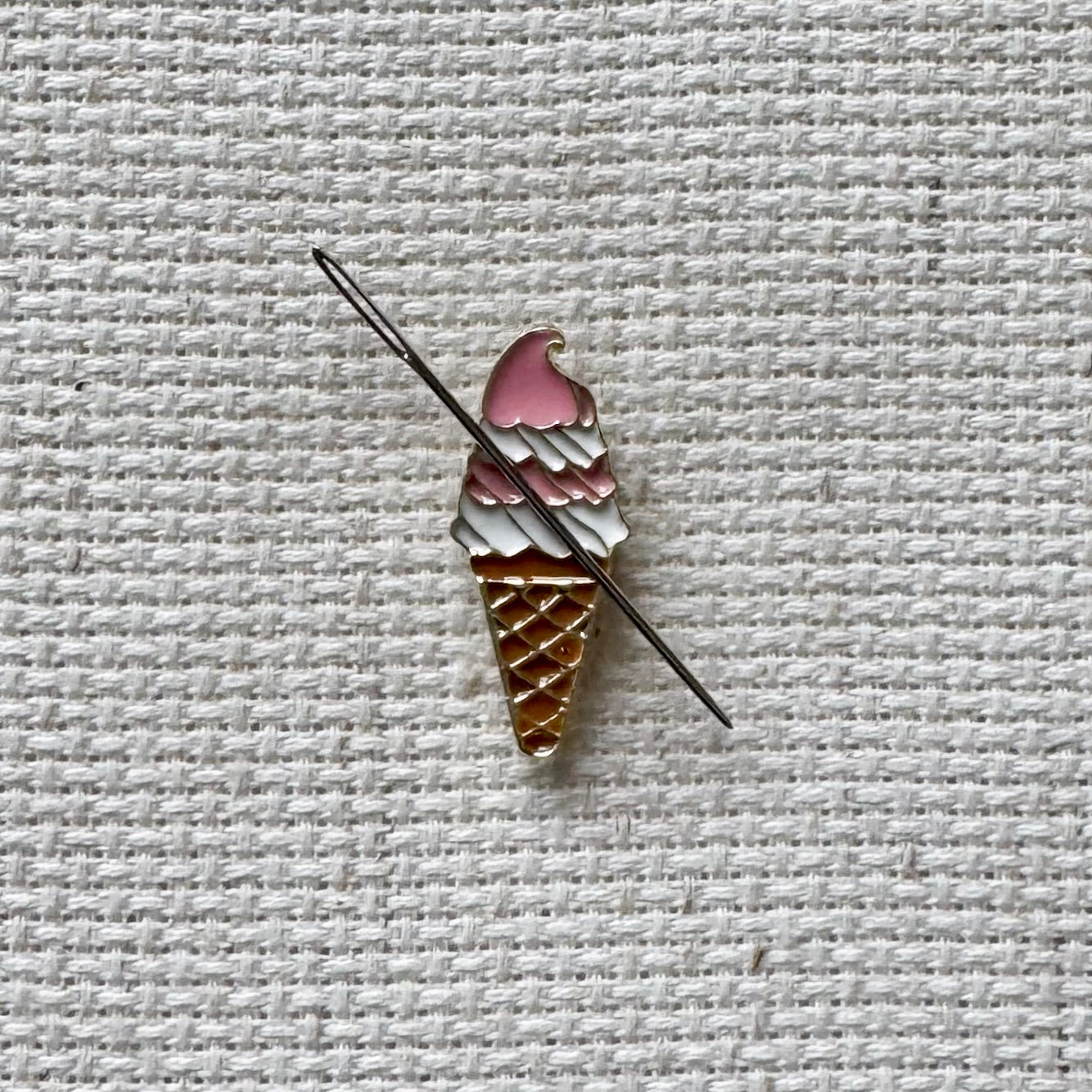 Ice cream cone magnetic needle minder – fun enamel accessory for cross stitch, embroidery, and needlepoint – sweet summer stitching gift for ice cream and dessert lovers.