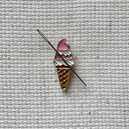 Ice cream cone magnetic needle minder – fun enamel accessory for cross stitch, embroidery, and needlepoint – sweet summer stitching gift for ice cream and dessert lovers.