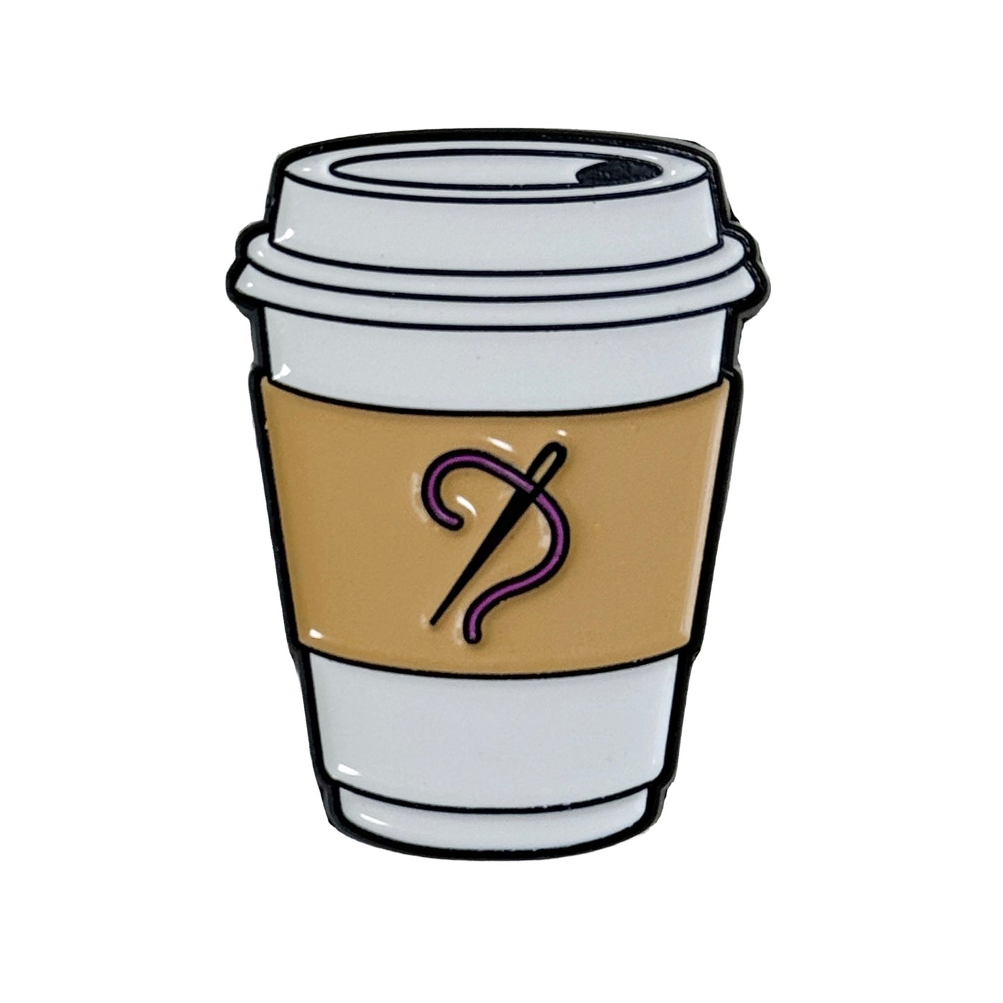 Coffee cup with needle and thread on the sleeve needle minder with strong magnet for stitching.