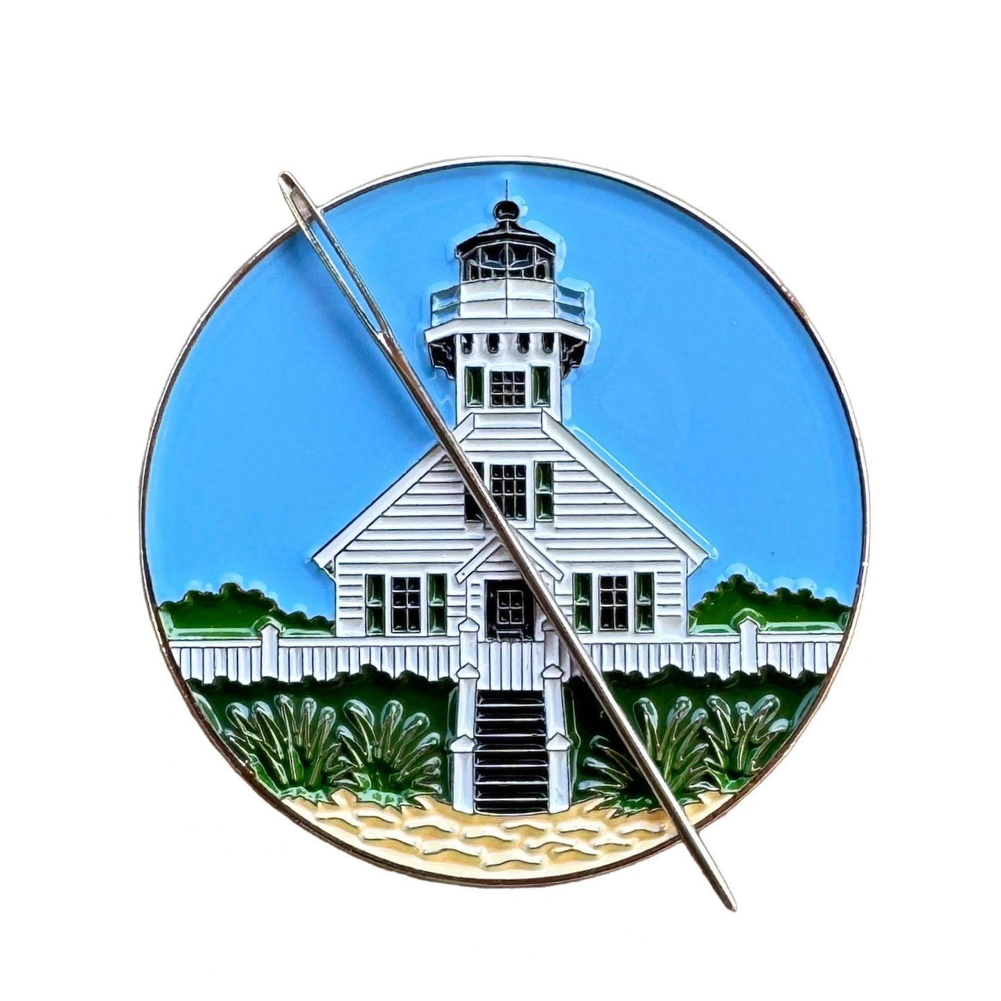 Mission Point Lighthouse magnetic enamel needle minder inspired by the iconic Traverse City, Michigan landmark, perfect for cross stitch, needlepoint, embroidery, quilting and sewing.