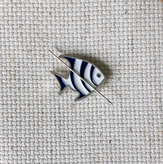Blue and white striped fish magnetic needle minder – ocean enamel accessory for cross stitch, embroidery, and needlepoint – nautical stitching gift for sea and beach lovers.