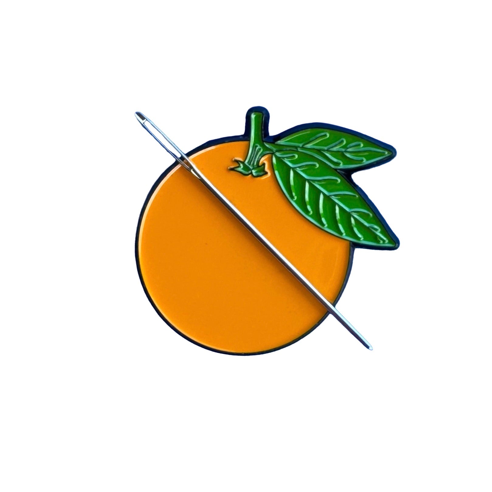 Orange magnetic enamel needle minder for needlepoint, cross stitch, embroidery and sewing projects.