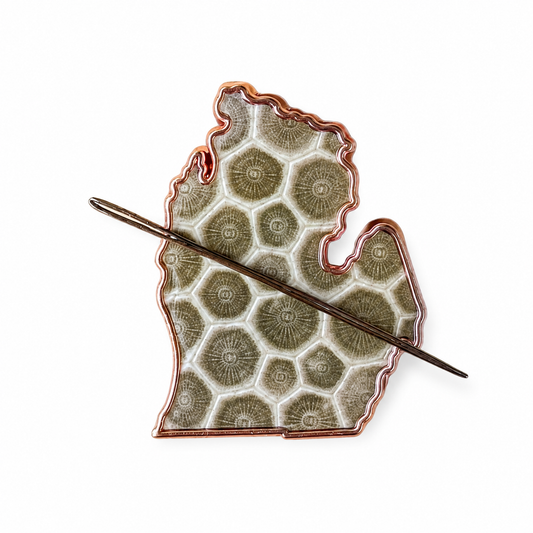 Michigan shaped Petoskey stone enamel needle minder with copper color trim, magnetic accessory for cross stitch, needlepoint, embroidery, quilting and sewing.