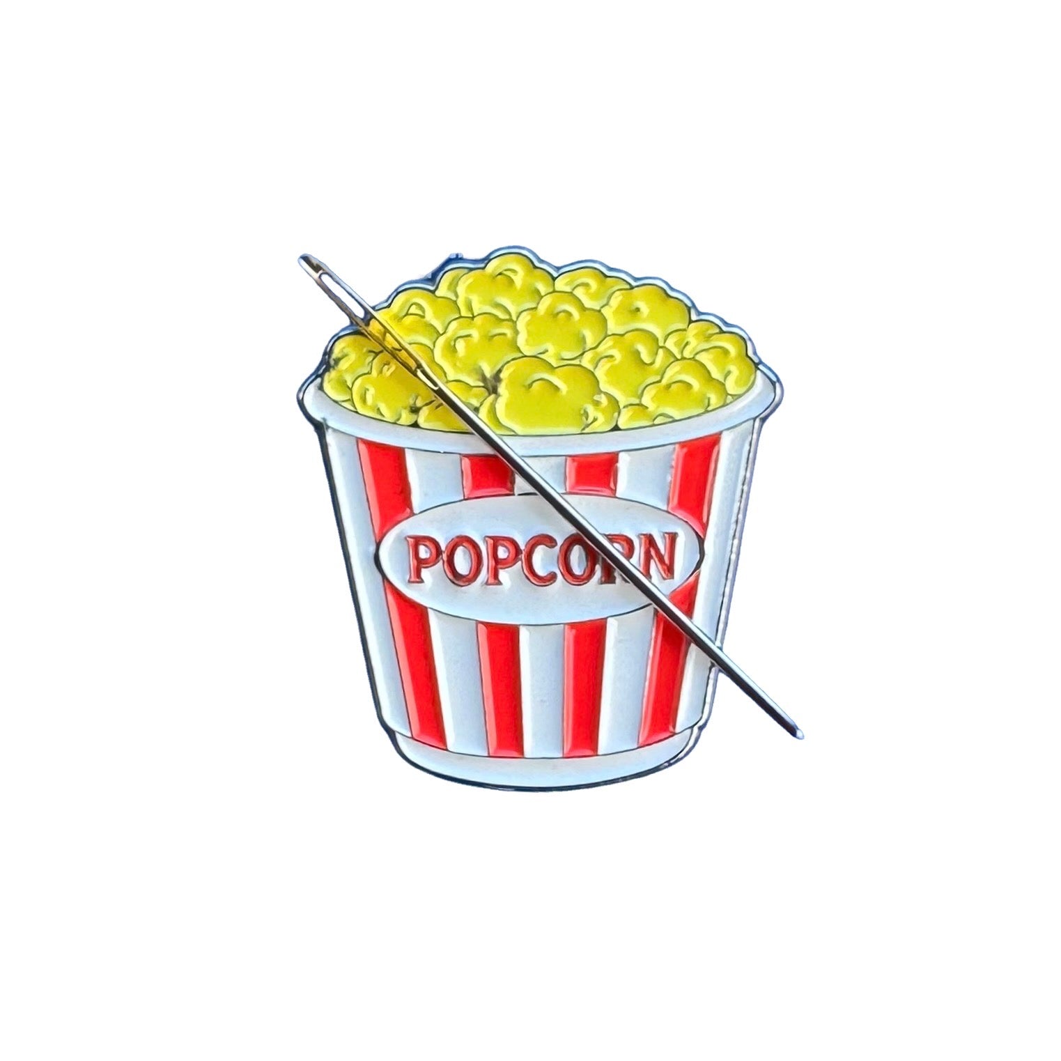 Popcorn magnetic enamel needle minder for needlepoint, cross stitch, embroidery and sewing projects.