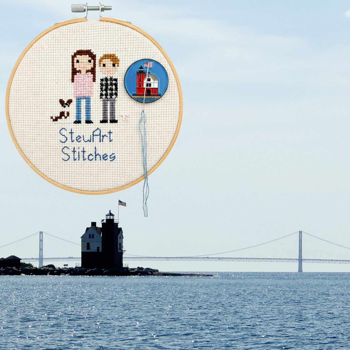 Round Island Lighthouse needle minder holding a needle on a needlepoint canvas while stitching.
