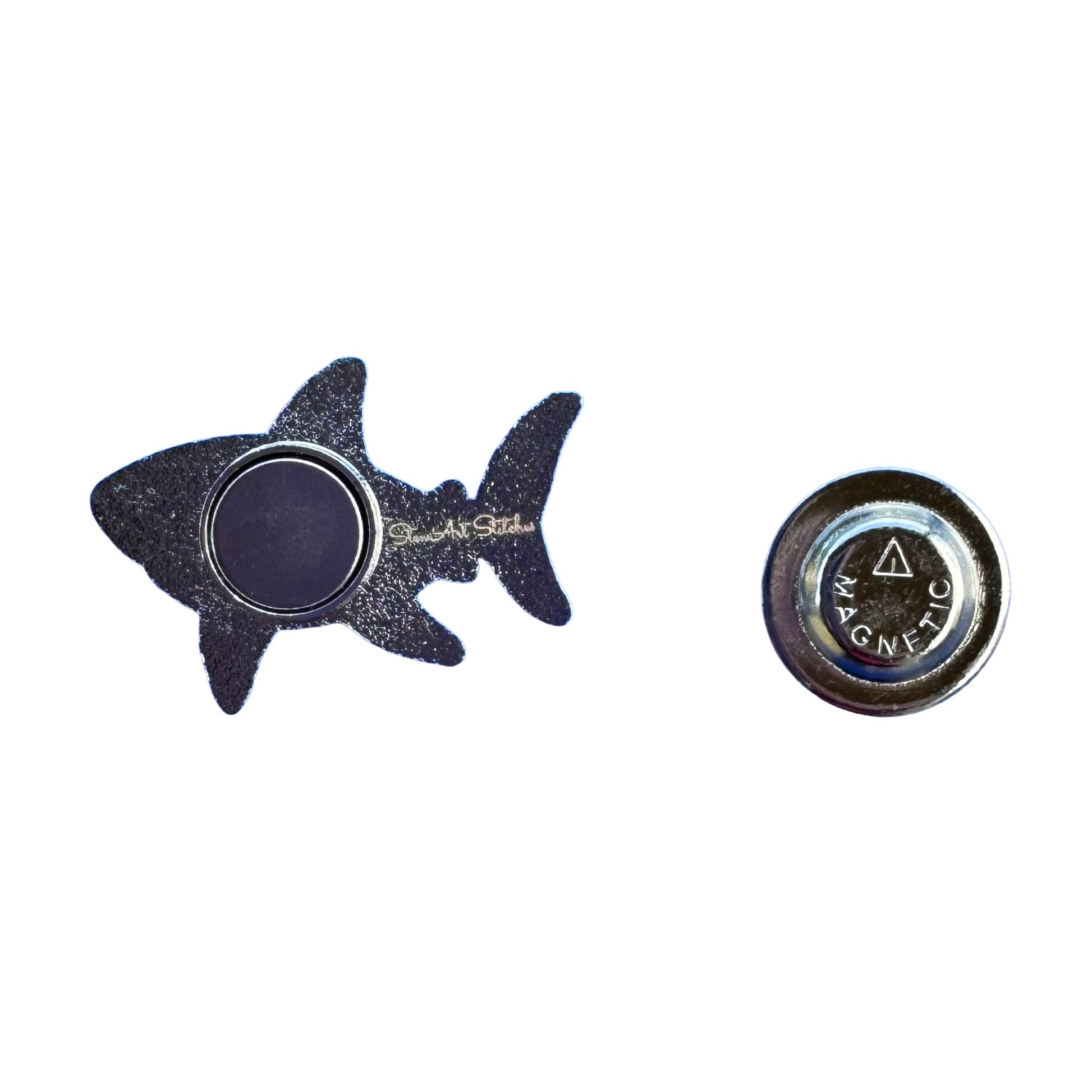 Back of shark needle minder showing strong magnetic backing.