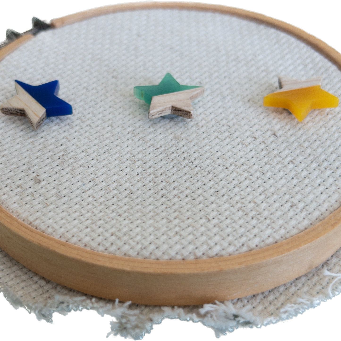 Set of 3 star shaped magnetic needle minders with blue, green and yellow resin and natural wood – ideal for cross stitch, embroidery, needlepoint, quilting, and hand sewing. A unique and functional needle holder for stitchers and crafters.