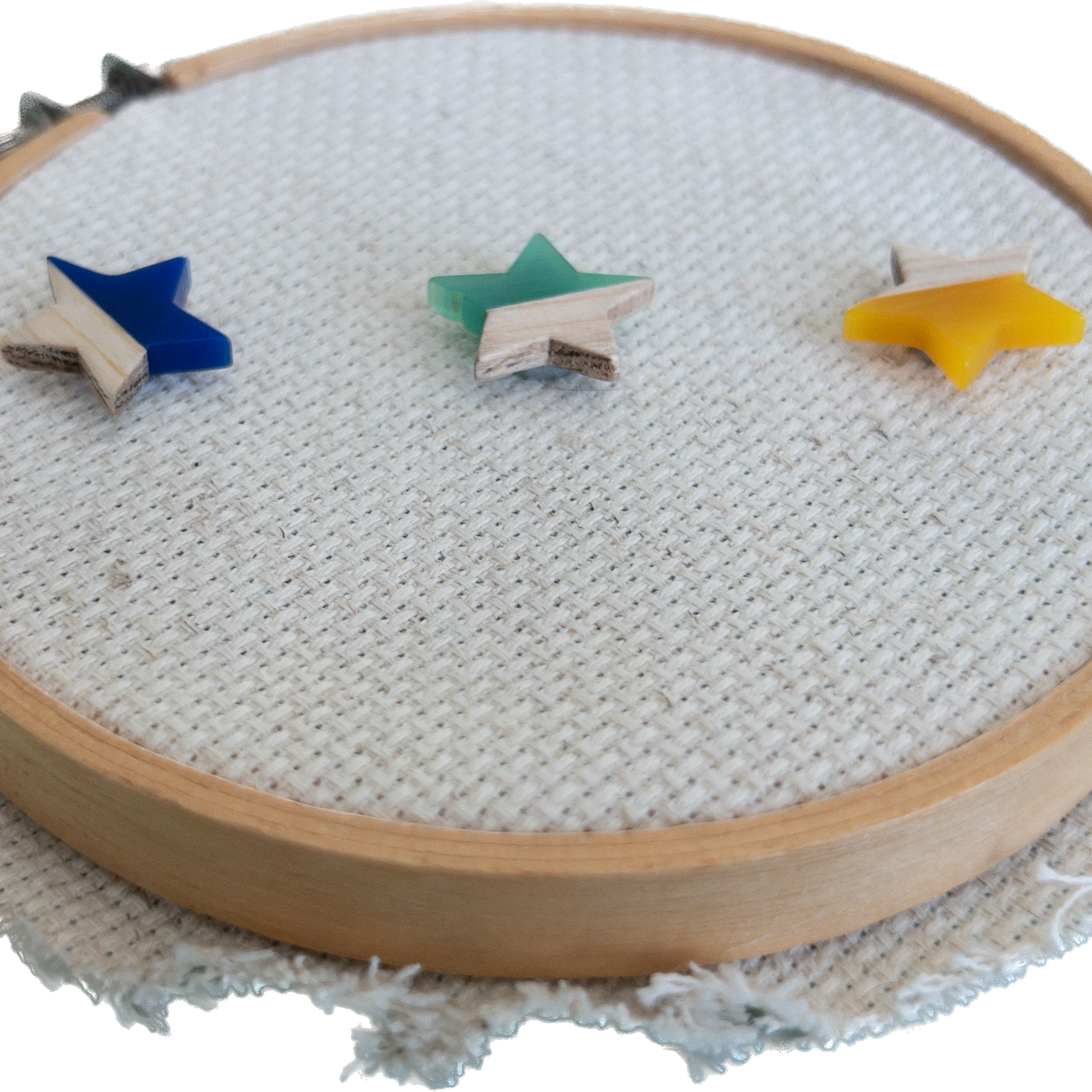 Set of 3 star shaped magnetic needle minders with blue, green and yellow resin and natural wood – ideal for cross stitch, embroidery, needlepoint, quilting, and hand sewing. A unique and functional needle holder for stitchers and crafters.