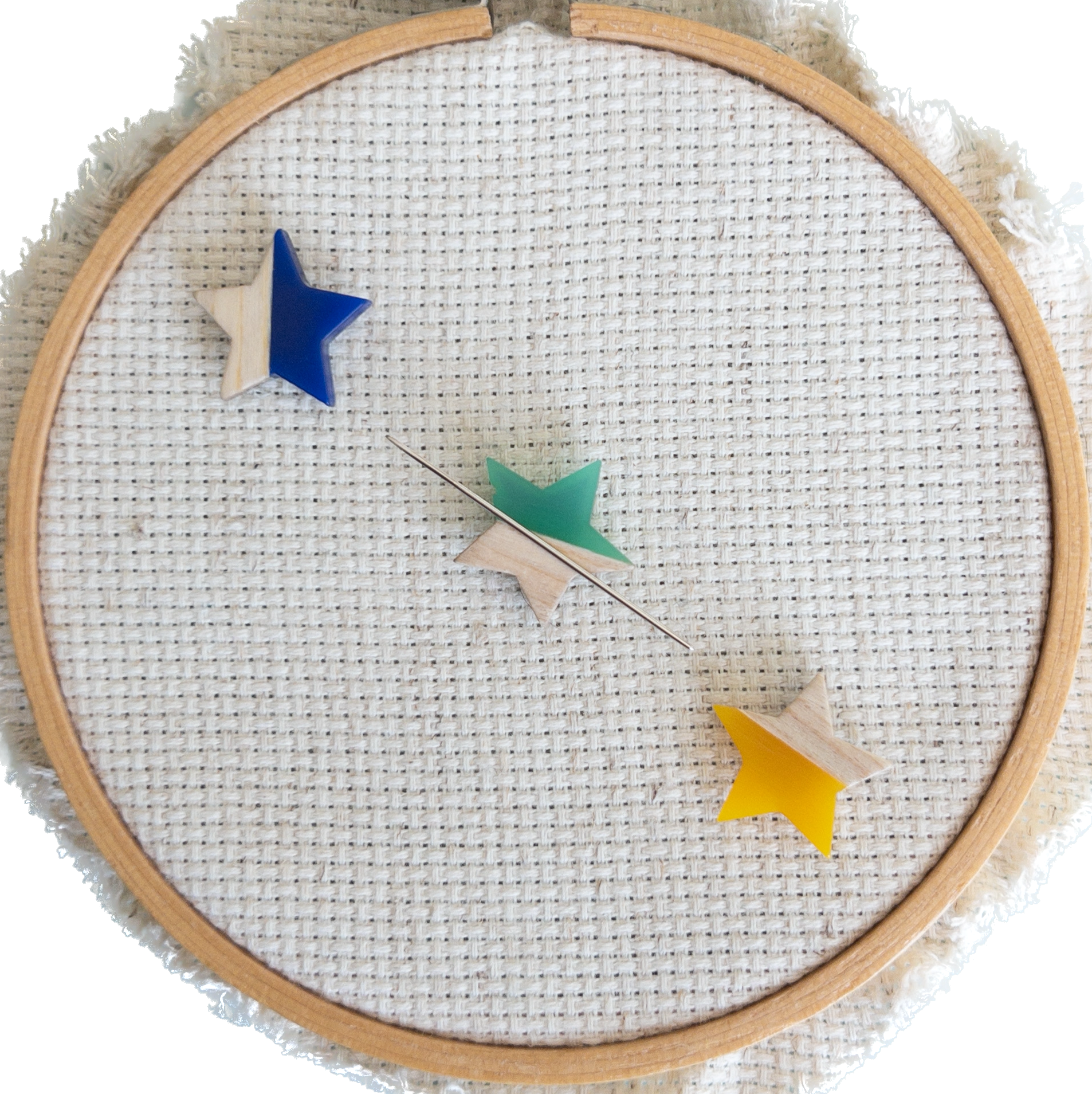 Set of 3 star shaped magnetic needle minders with blue, green and yellow resin and natural wood – ideal for cross stitch, embroidery, needlepoint, quilting, and hand sewing. A unique and functional needle holder for stitchers and crafters.