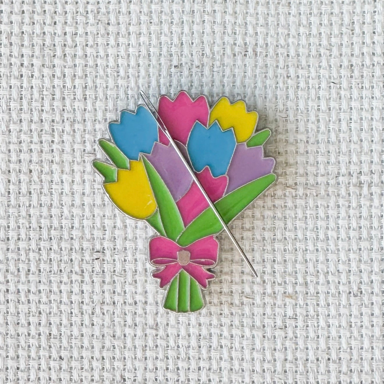 Tulip bouquet enamel magnetic needle minder  for cross stitch, embroidery, needlepoint, quilting, knitting, crochet and hand sewing – floral needle holder for stitchers and crafters.