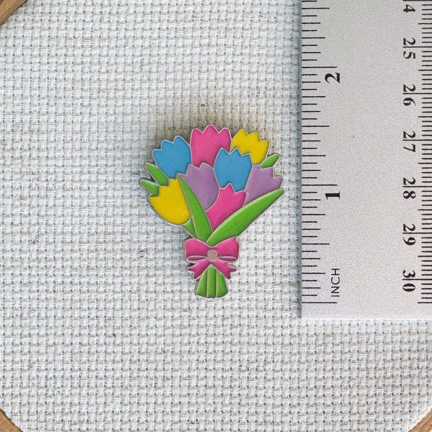 Tulip bouquet enamel magnetic needle minder  for cross stitch, embroidery, needlepoint, quilting, knitting, crochet and hand sewing – floral needle holder for stitchers and crafters.