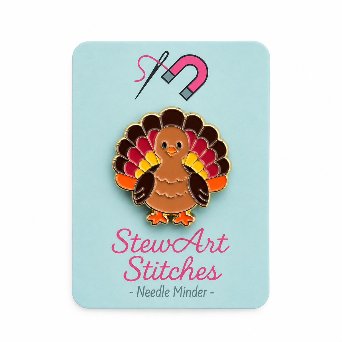 Colorful turkey enamel needle minder. Magnetic needle holder for cross stitch, needlepoint, embroidery, quilting, sewing and other stitching projects.