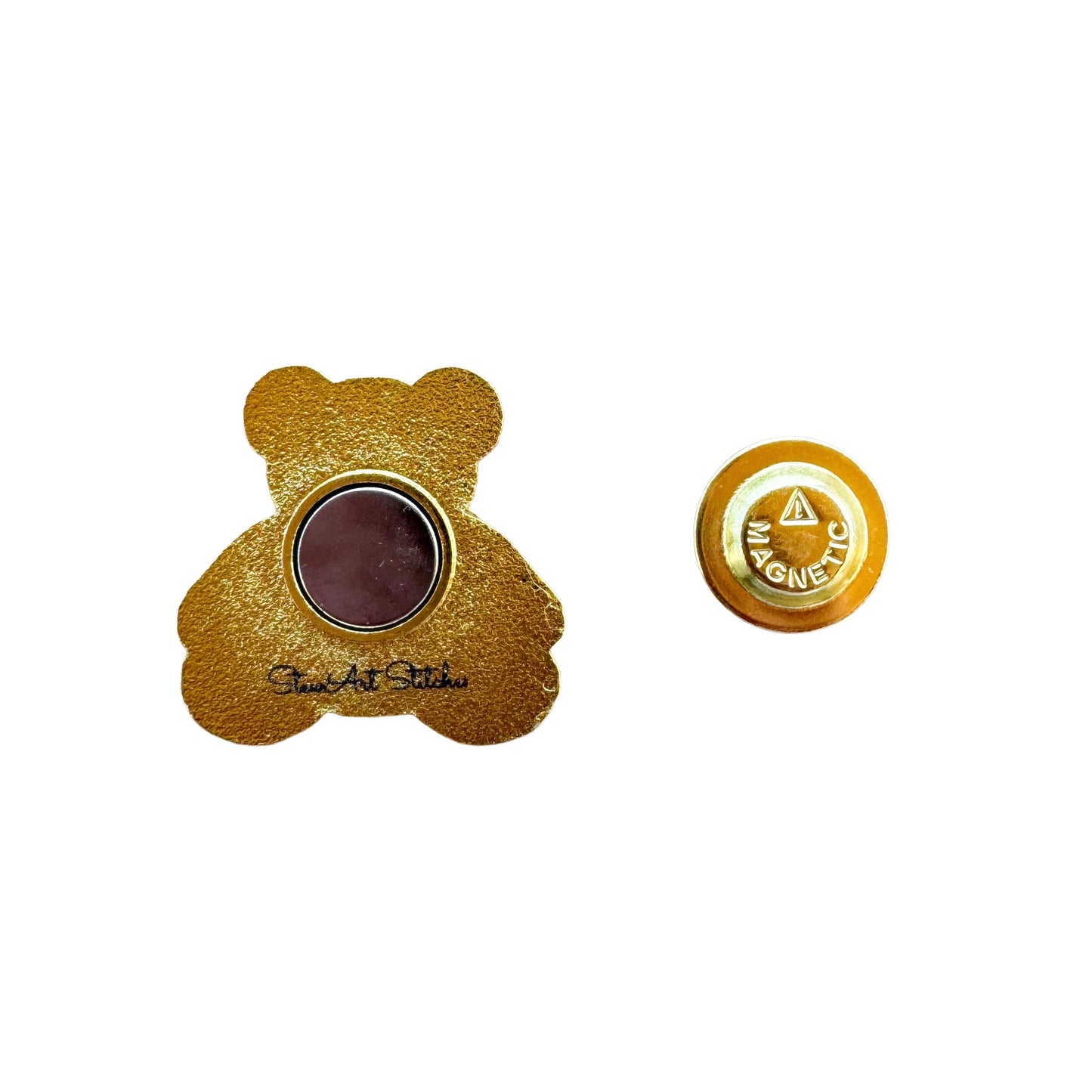 Back of teddy bear enamel needle minder wearing a blue sweater with an American flag, magnetic needle holder for cross stitch, needlepoint, embroidery, quilting, sewing and other stitching projects.