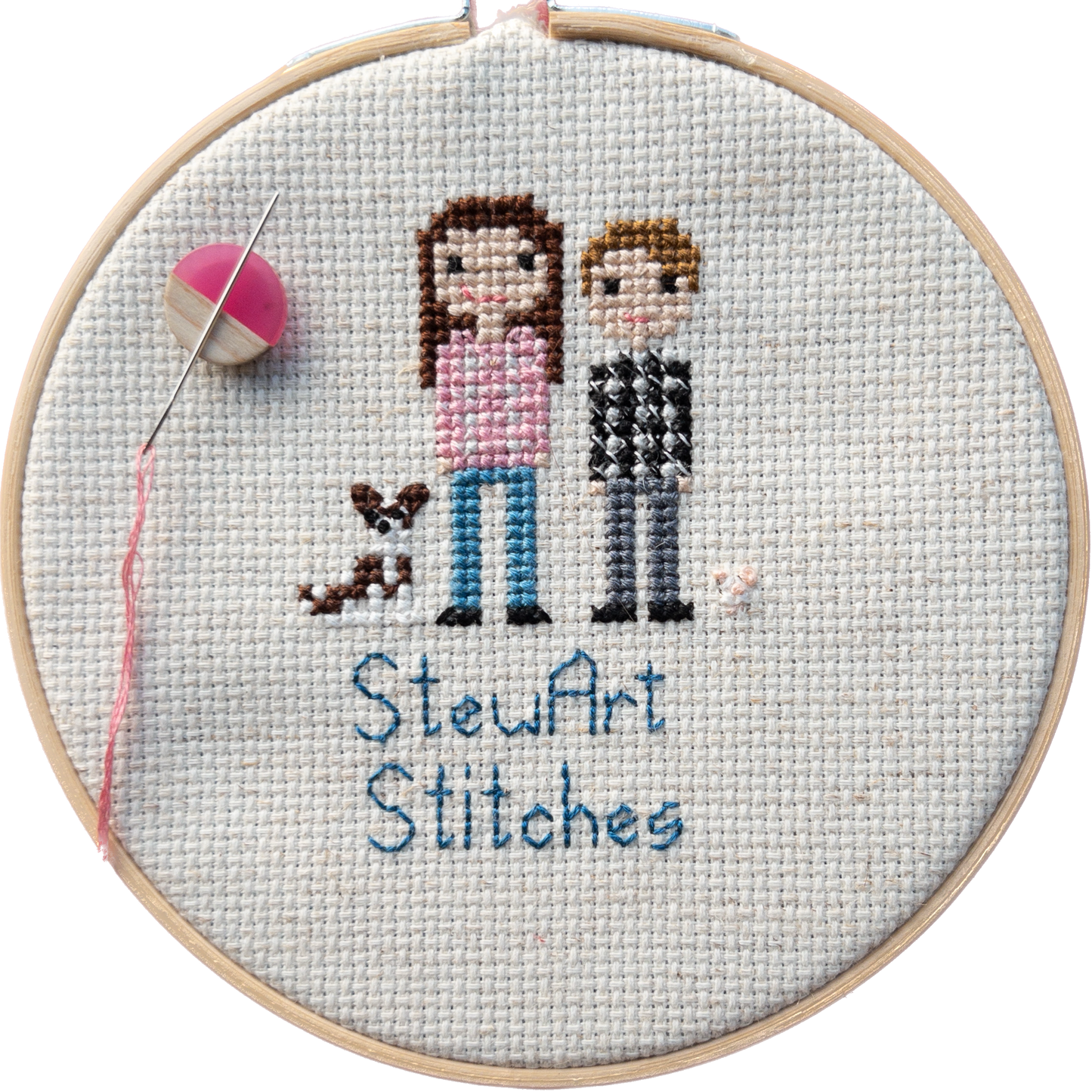 Circle shaped magnetic needle minder with pink resin and natural wood – perfect for cross stitch, embroidery, needlepoint, quilting, and hand sewing. A unique and functional needle holder for stitchers and crafters.