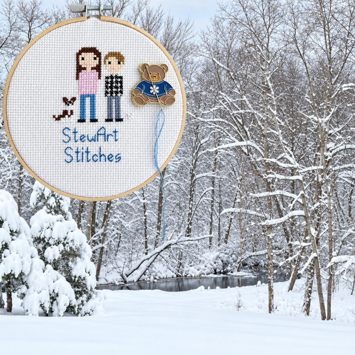 Teddy bear enamel needle minder wearing a blue sweater with a snowflake, magnetic needle holder for cross stitch, needlepoint, embroidery, quilting, sewing and other stitching projects.