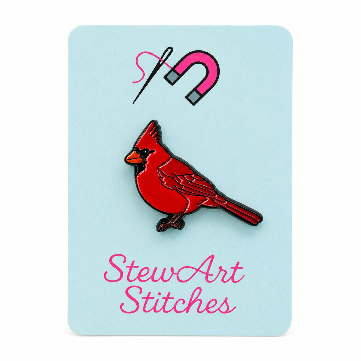 magnetic enamel needle minder displayed on product packaging card for StewArt Stitches.