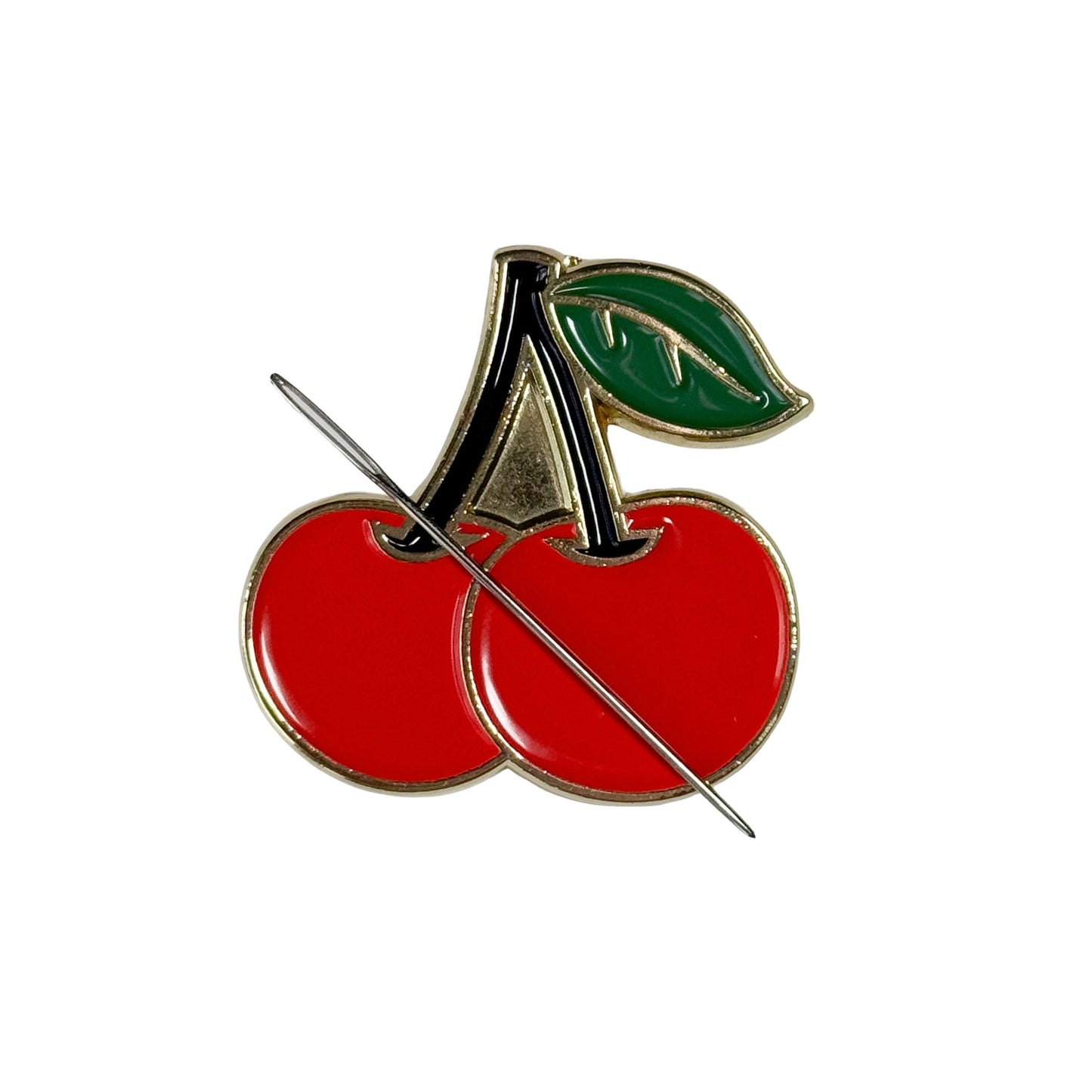 Red cherry needle minder with strong magnet for stitching.
