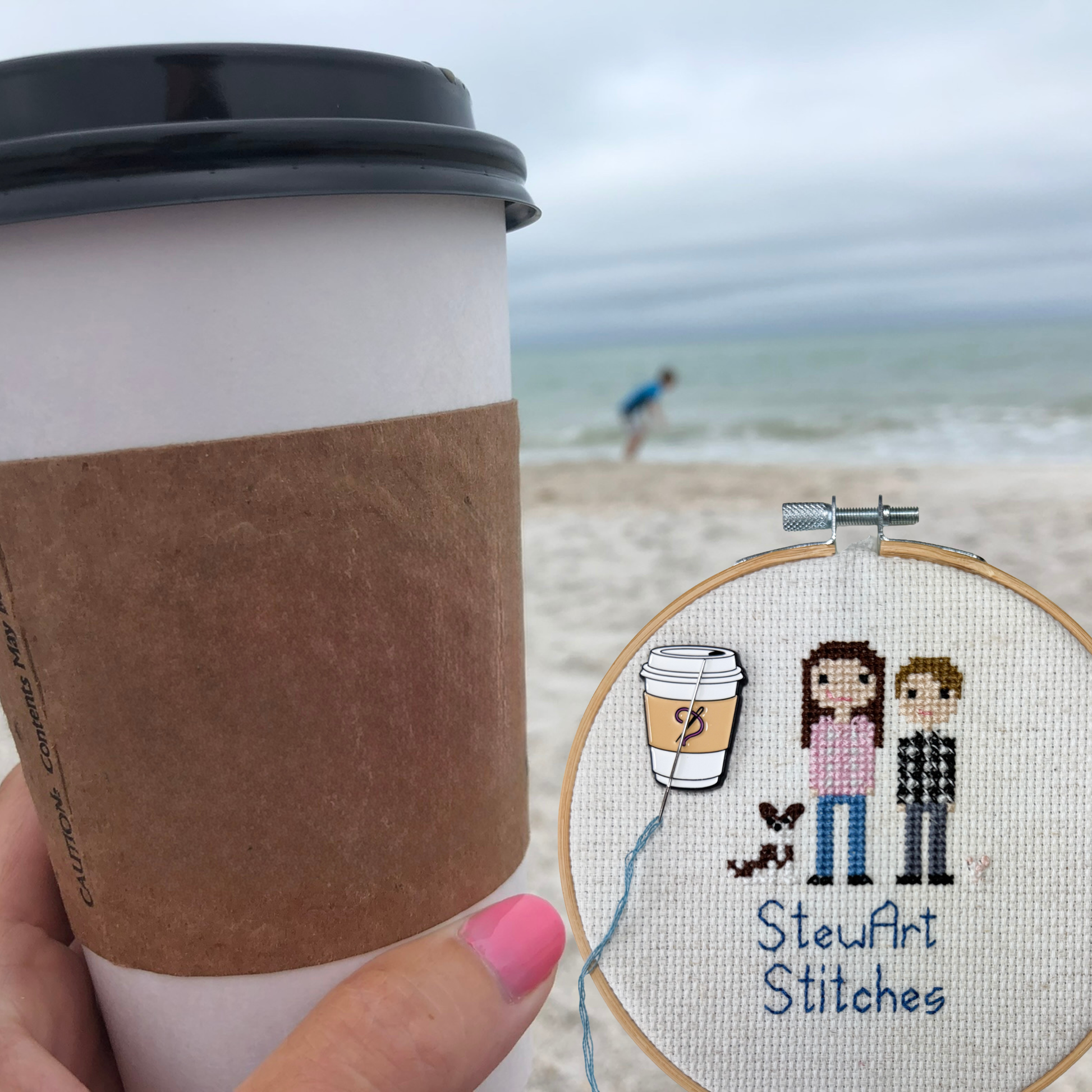 Coffee cup with needle and thread on the sleeve needle minder with strong magnet for stitching.